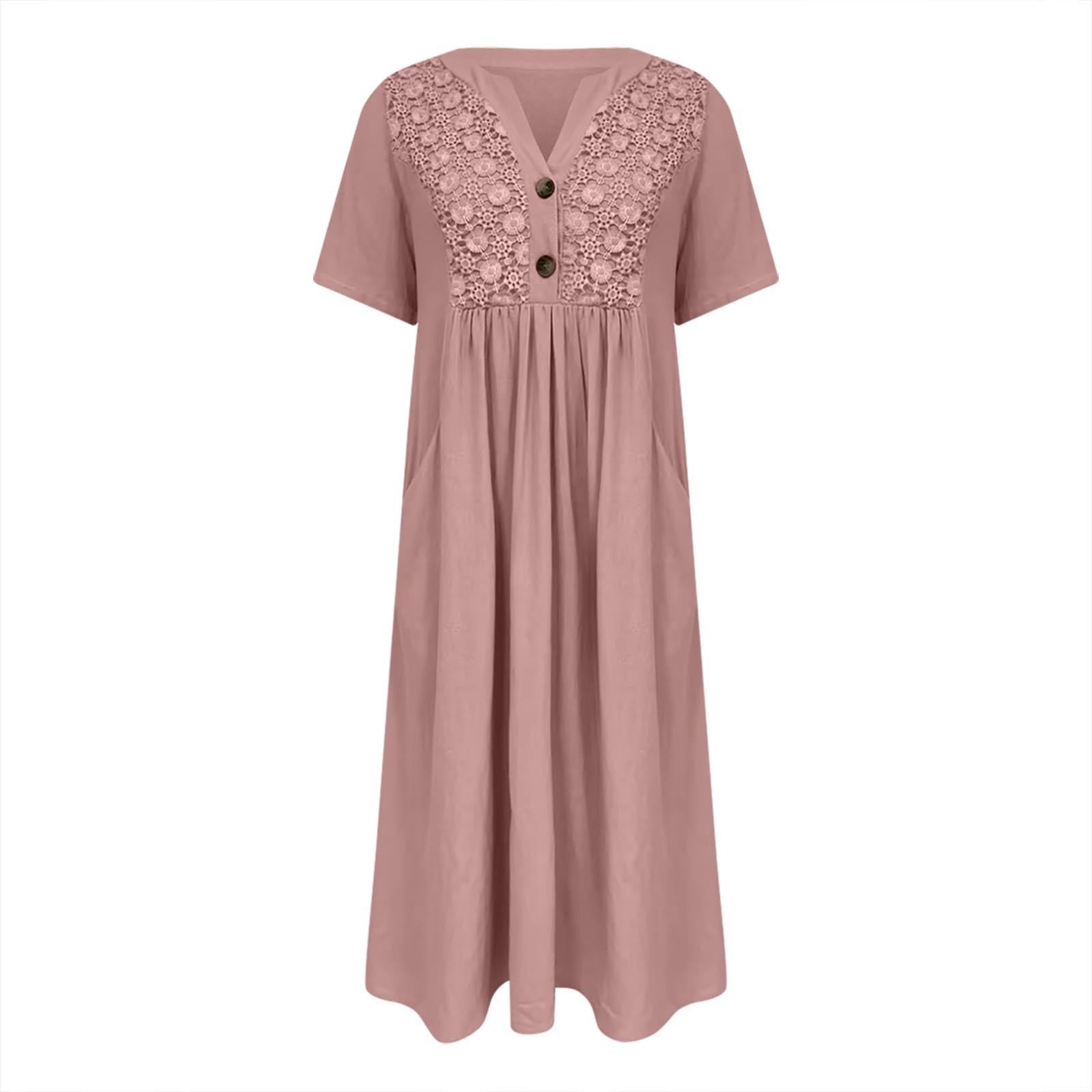 thumbnail image 4 of Vestido largo boho de manga corta con cuello en V y bolsillos para mujer: vestido de playa de poliéster con estampado floral para el verano, 4 of 5